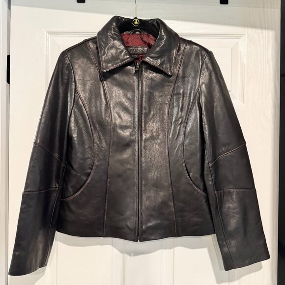 Guess Leather Jacket Black with Red Stitching Size M - Picture 1 of 9